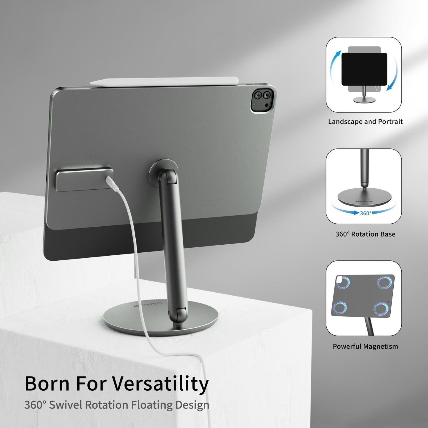 [Upgrade] LULULOOK Wireless Charging Magnetic Stand for iPad Pro 13 inch M4 (2024) Only, 360°Adjustable Foldable Aluminium Tablet Stand for Home, Kitchen, Office