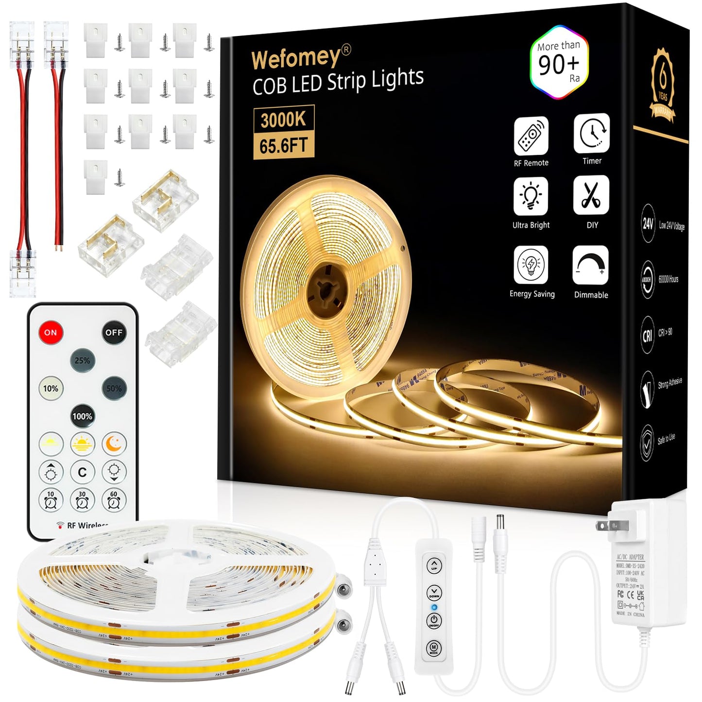 20M COB LED Strip Light with Remote, 3000K Dimmable Bright Warm White Led Lights Strip, Flexible DC24V Led Tape Light for Bedroom, Kitchen, DIY Lighting (2 Rolls of 10M)