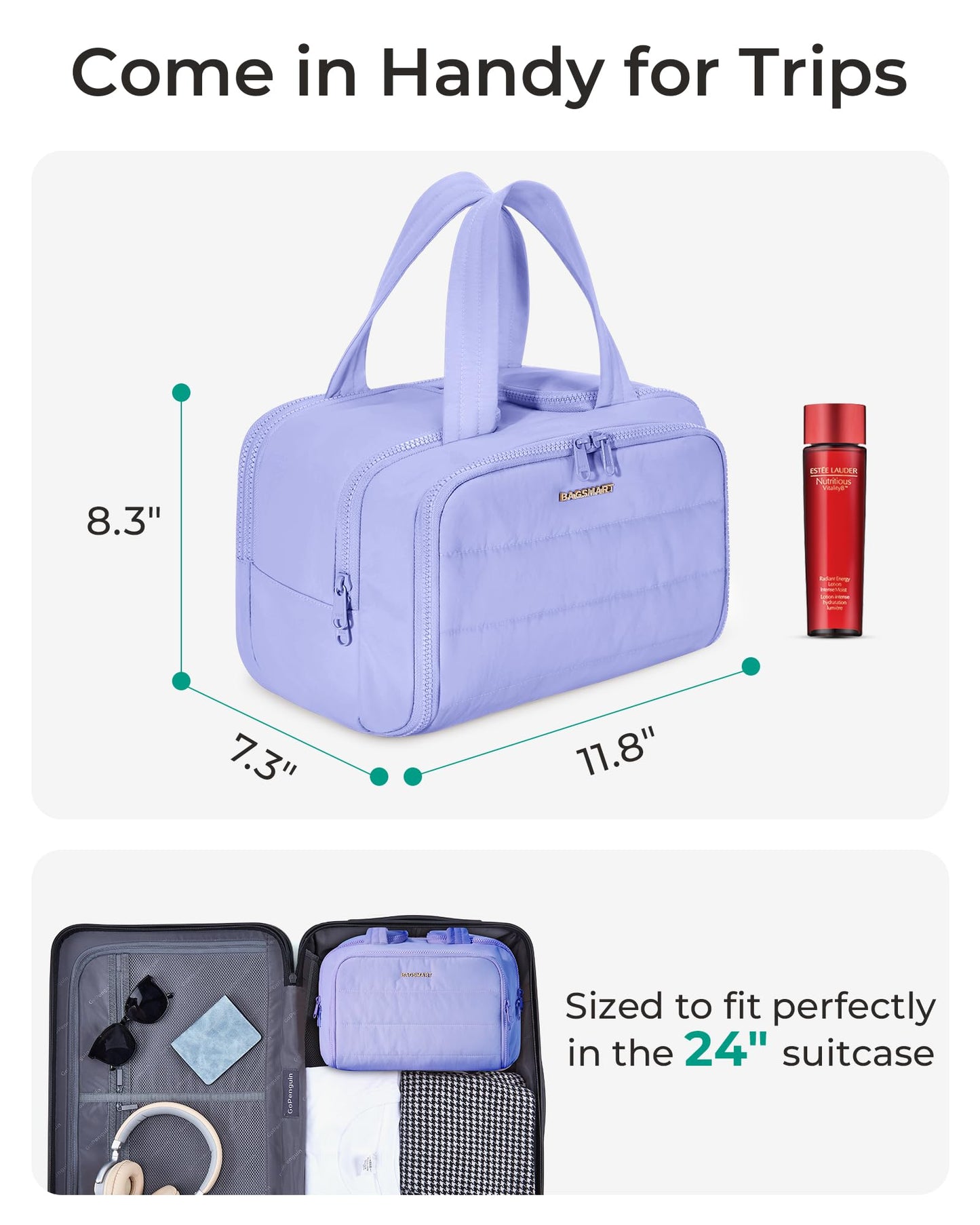 BAGSMART Travel Toiletry Bag, Puffy Toiletry Bag for Women, Wide-open toiletry bags for traveling, Large Travel Cosmetic Makeup Bag Organizer for Accessories,Toiletrie, d-Light Purple, Large, Puffy