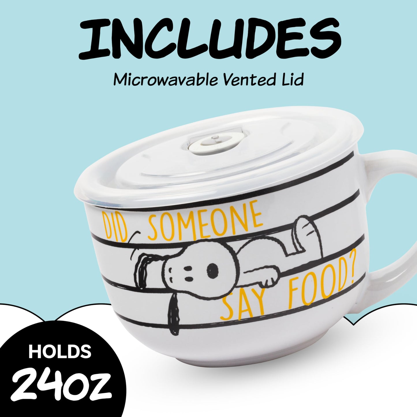 Silver Buffalo Peanuts Snoopy and Woodstock Did Someone Say Food Ceramic Soup Mug with Vented Plastic Lid, 24 Ounces