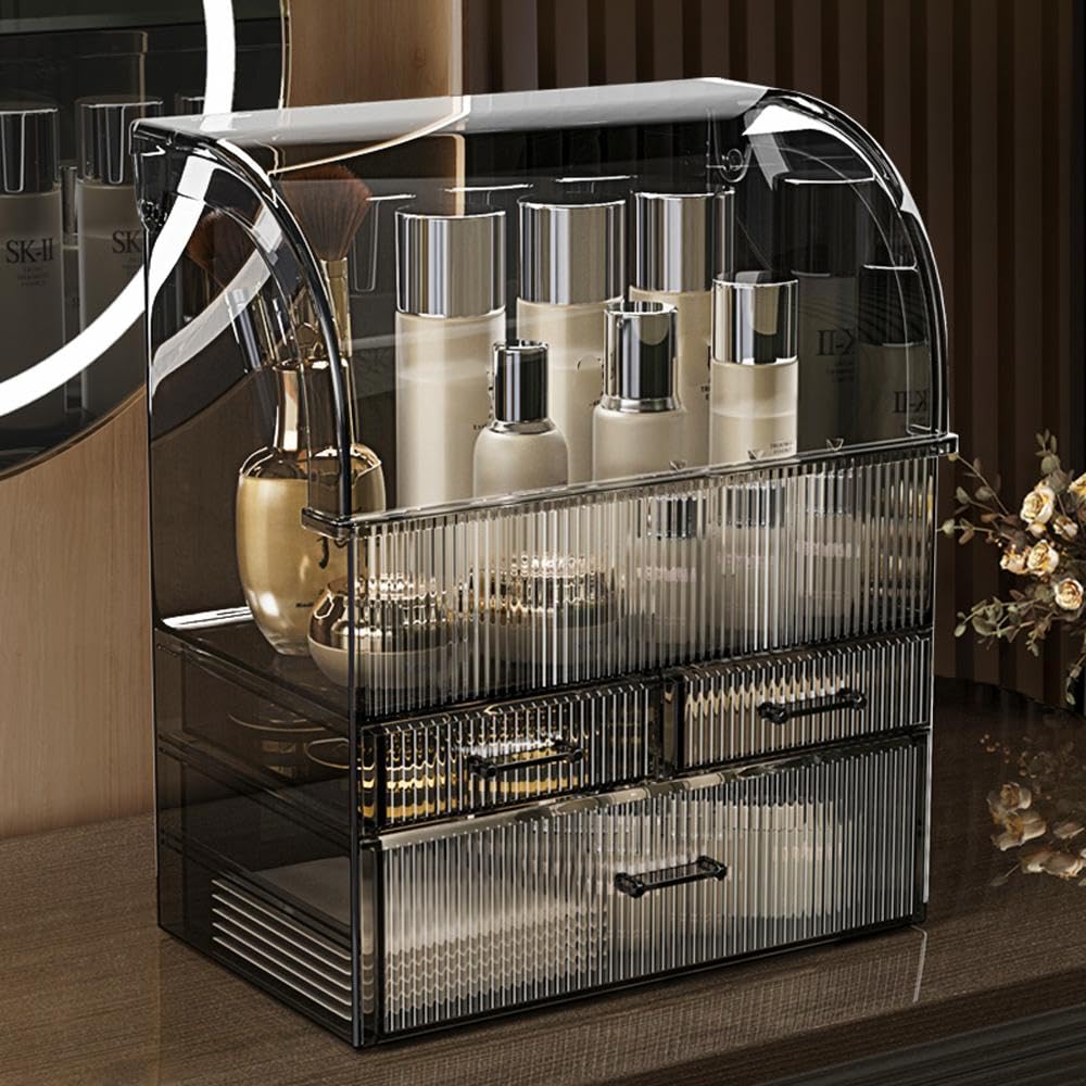 Makeup Storage Organizer, X-Large Acrylic Cosmetics Organizer Skincare Display Case with Drawers, Perfume Makeup Organizer Box with Waterproof Cover for Countertop, Bathroom, Dresser(Black-XL)