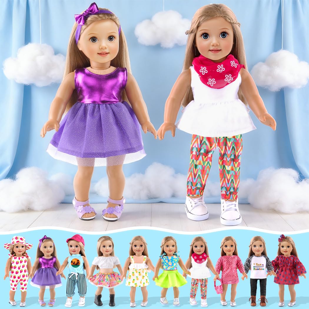 10-Sets Doll Clothes and Accessories for 18 inch Doll Include Dress Handbag Headband Hat and Rompers