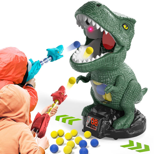 BLmukce Dinosaur Movable Shooting Toys for Kids, 2 Air Pump Launchers, Electronic Kids Target Games, LCD Score Record, Light & Sound, 48 Foam Balls, Competition Game Gift for Boys 3-5 Years Old