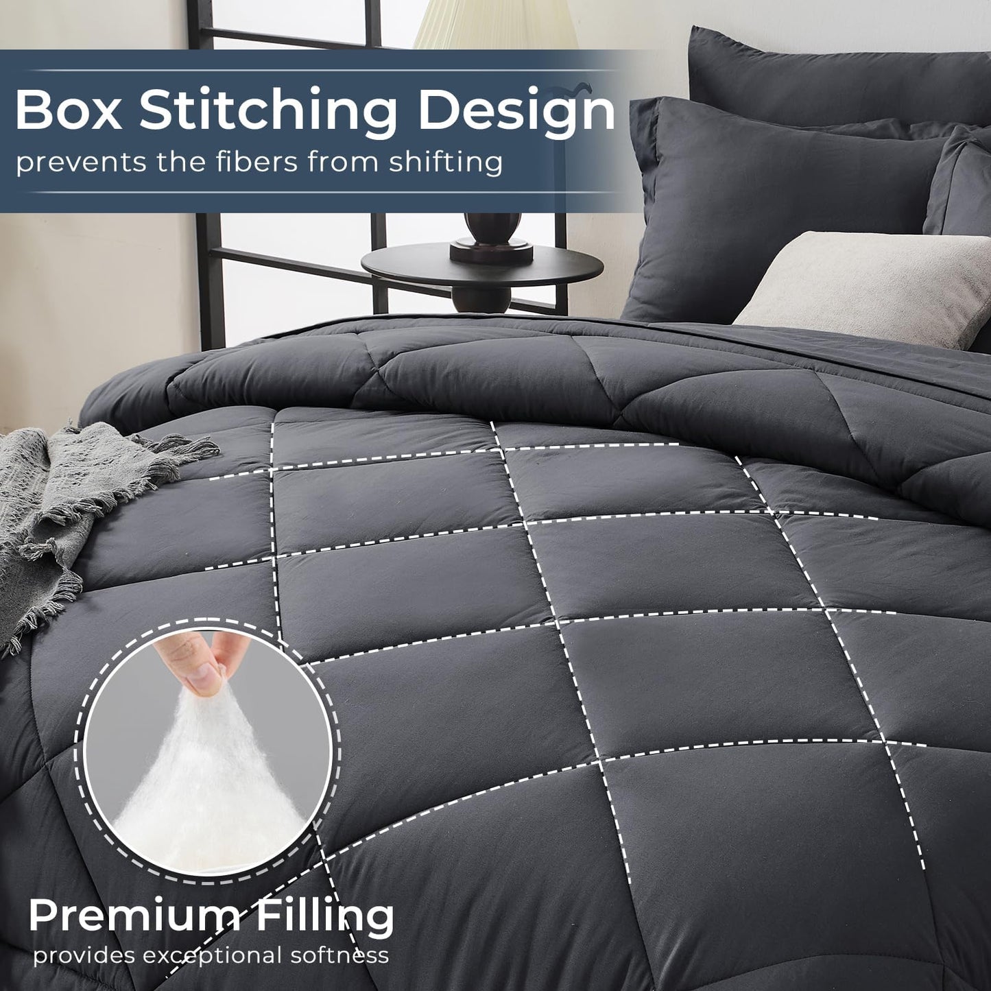HEVUMYI King Comforter Set - 7-Piece All Season Bed in a Bag King, Ultra Soft Bedding Set with Comforter, Flat Sheet, Fitted Sheet, Pillowcases, Pillow Shams, Dark Grey