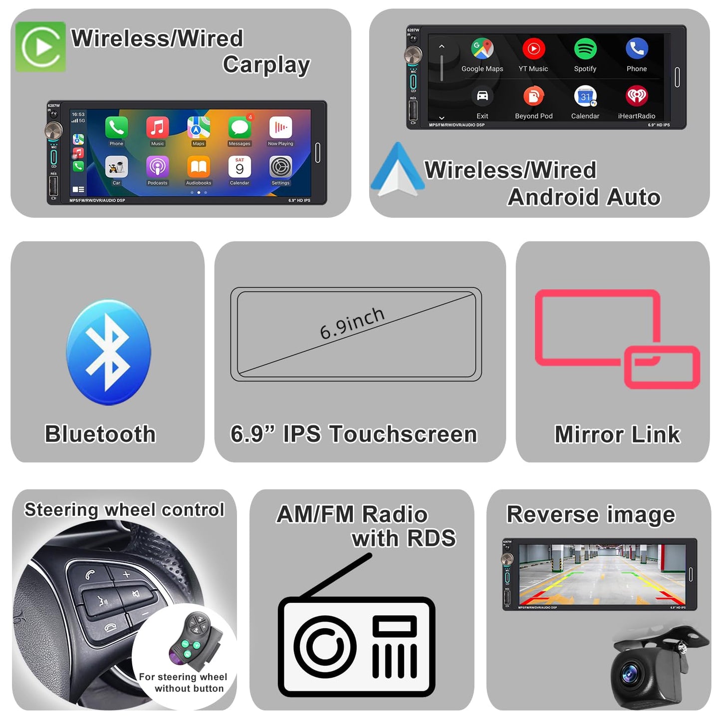 Alondy Single Din Car Stereo Touchscreen (6.9") Compatible with Apple CarPlay [Wireless] Android Auto Car Radio Bluetooth Type-C USB (2.1A Fast Charge) Backup Camera