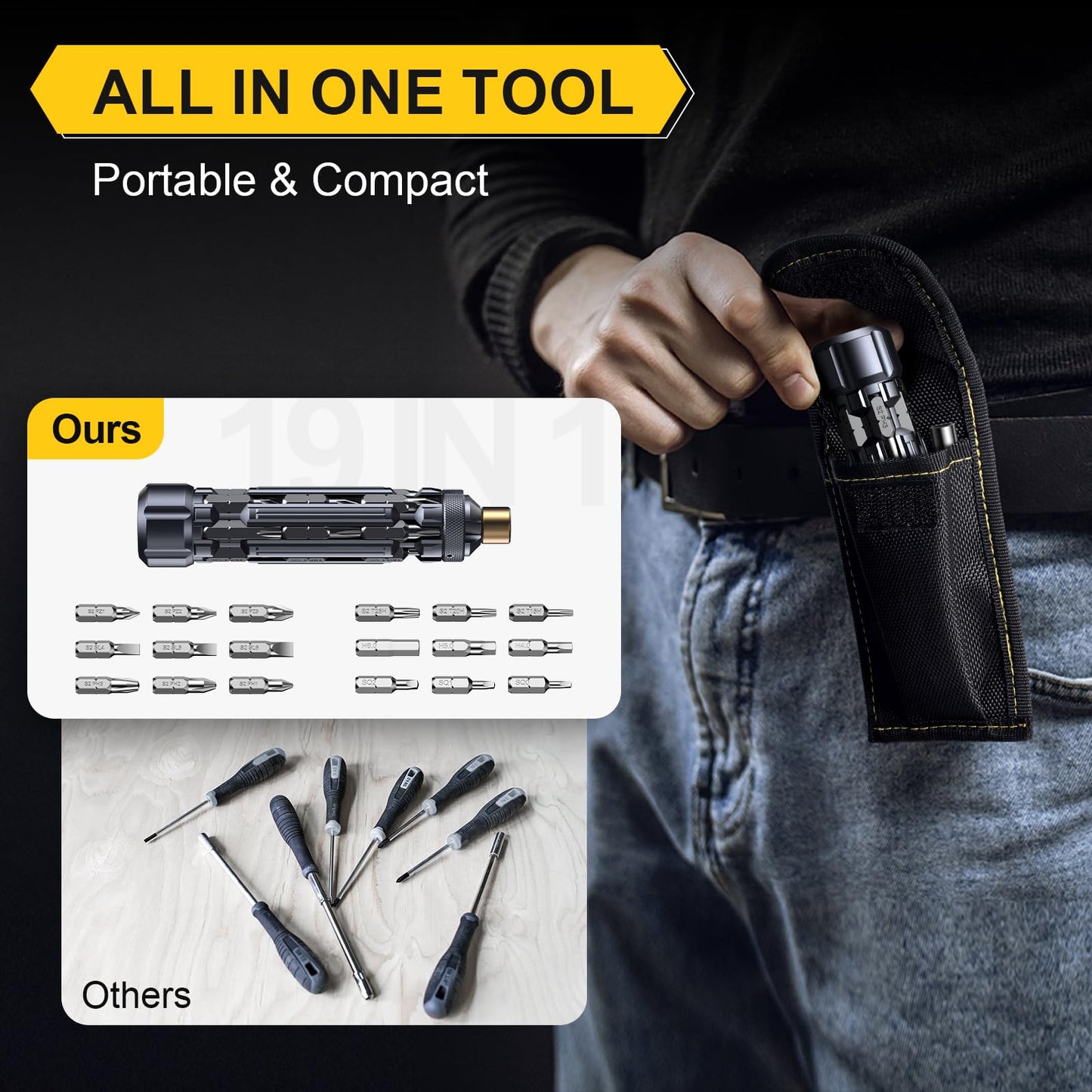 JOREST 19 in 1 EDC Multi Bit Screwdriver Set Tool All in One, Cool Tool Gifts for Men Dad Him, Magnetic Screw Driver with Torx Phillips Slotted, Pocket Repair Multitool Kit for Bike, Snowboard, Black