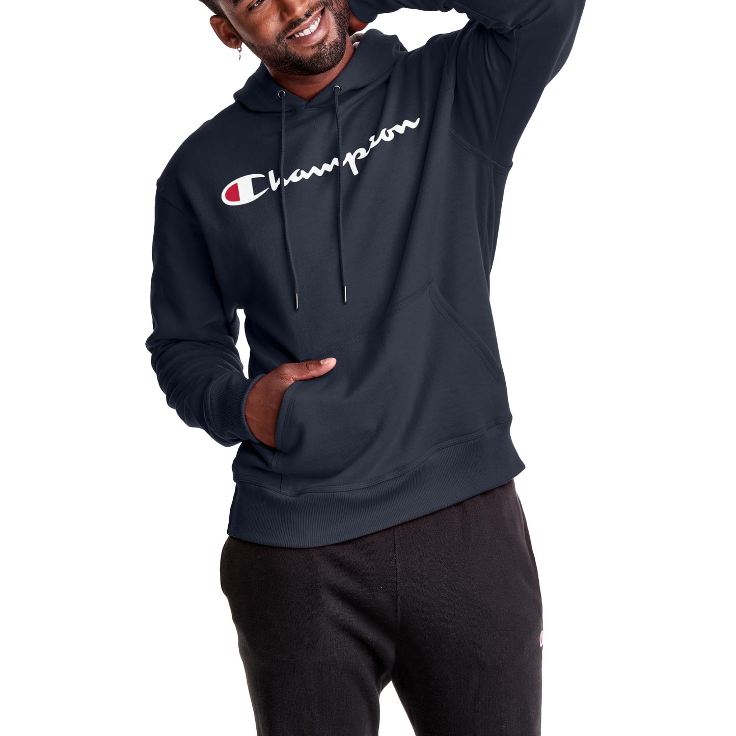 Champion Men's Graphic Powerblend Fleece Hoodie, Navy Script, X-Large