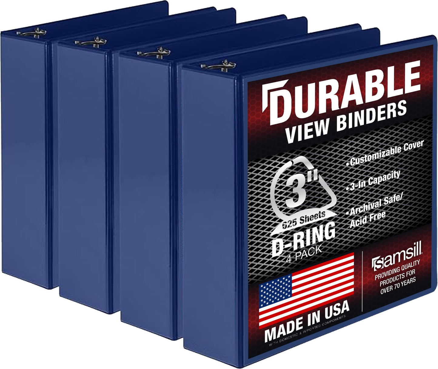 Samsill Durable 3 inch 3 Ring Binder, Made in USA, D Ring Binder, FSC 100% Recycled Chipboard, Blue, 4 Pack