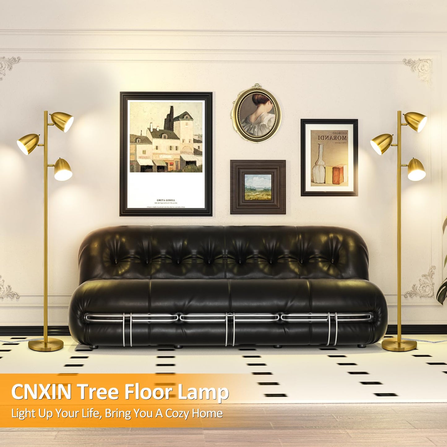 CNXIN Tree Floor Lamp with 3 Light Bulbs Standing Tall Pole Lamps with Adjustable Metal Heads 65"Reading Stand up Lamps with E26 Base Modern Floor Lamps for Living Rooms, Bedrooms, Home, Office(Gold)