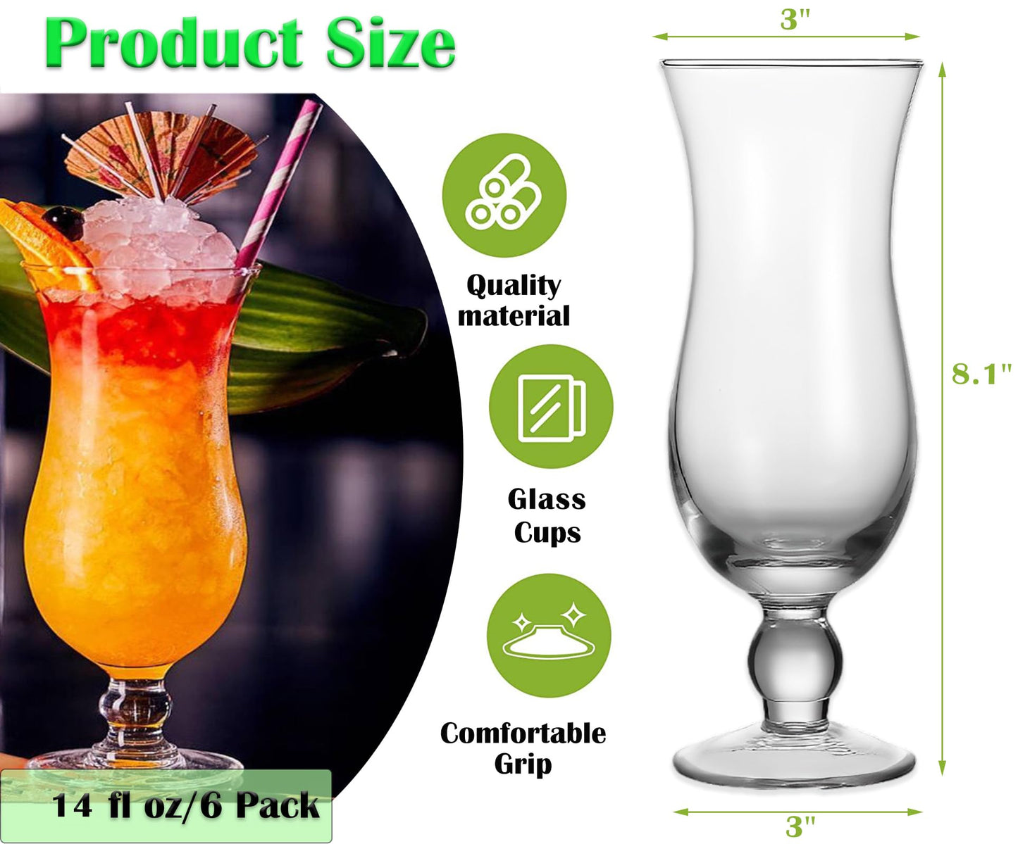 Cheardia 6 Pack Hurricane Glass, 14 oz / 400 ml Pina Colada Glasses Clear Tulip Drinking Cups for Juices, Cocktails, Full-Bodied Beer, Tropical Drinks, Water, Beverages
