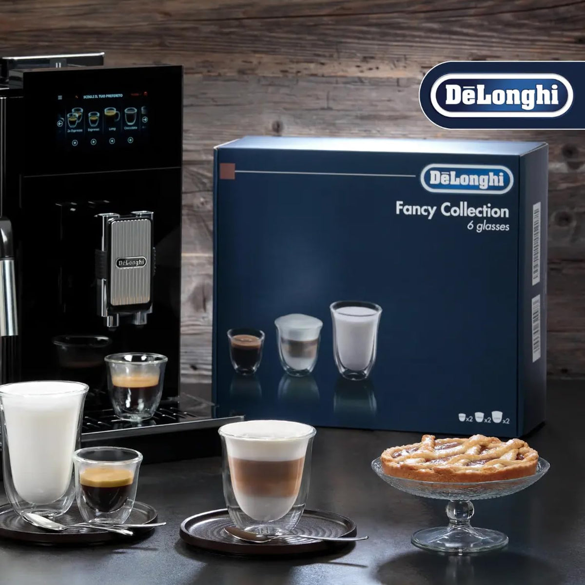 De'Longhi Trio Gift Set 2 Espresso, 2 Cappuccino, 2 Latte Double Wall Thermal Glasses, DLSC302
