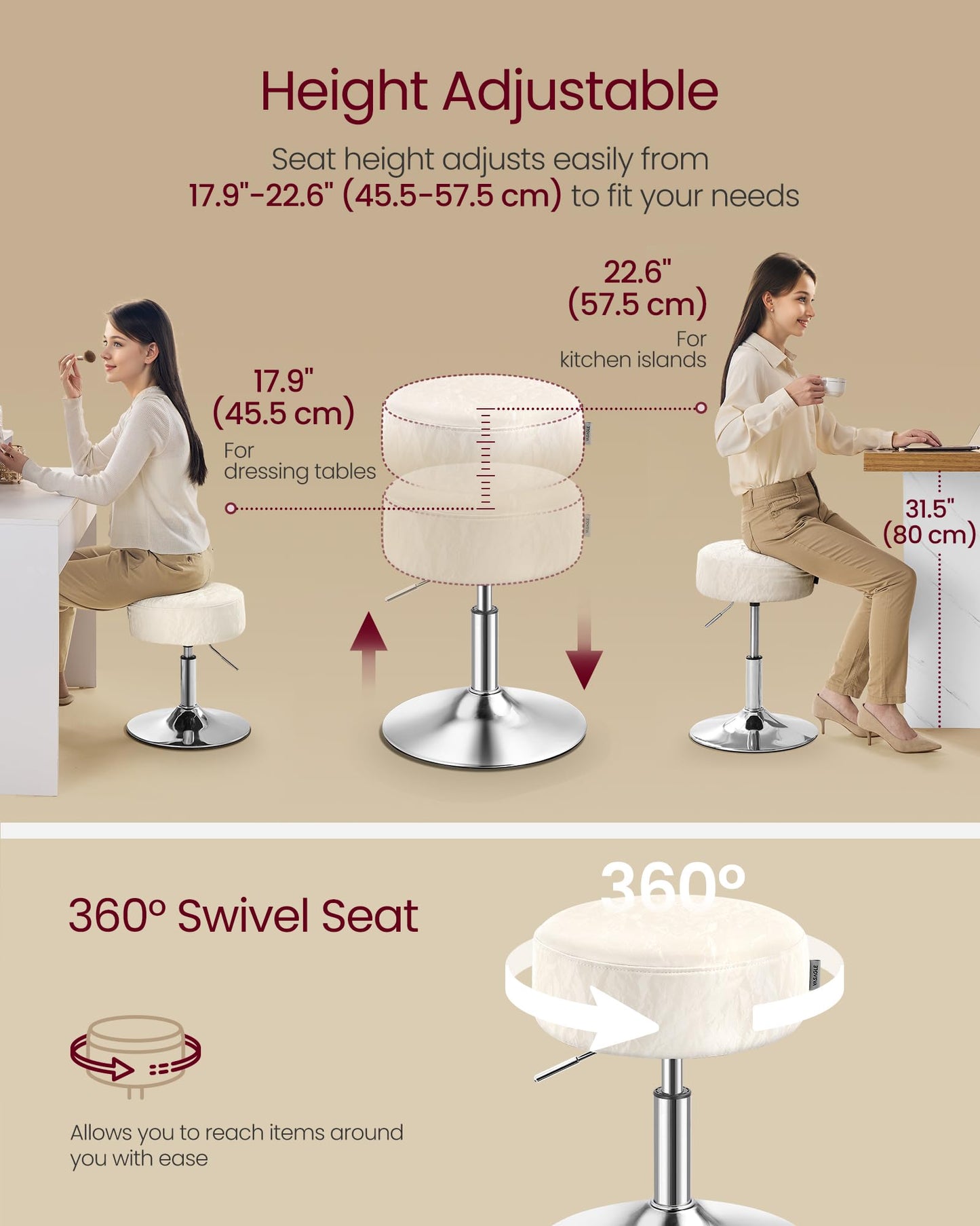 VASAGLE Adjustable Vanity Stool, Makeup Vanity Chair, 360° Swivel, PU Upholstery, Thick Cushion, for Bedroom, Kitchen, Dining Room, Modern, Cream White ULJB120W01