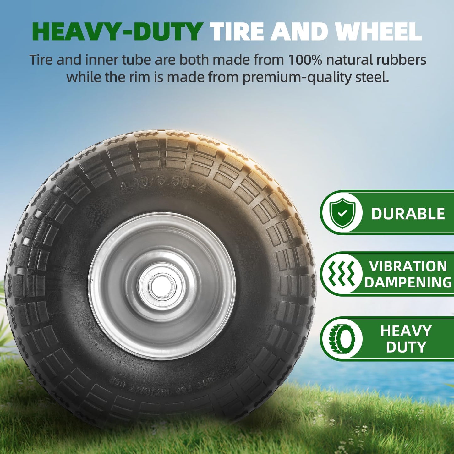 AR-PRO (2-Pack) 4.10/3.50-4" Tire and Wheel Flat Free - 10" Solid Rubber Tires Wheel with 5/8" Bearings and 2.2" Offset Hub - Perfect for Wheelbarrow, Hand Truck, Garden Carts, Yard Wagon Dump Cart