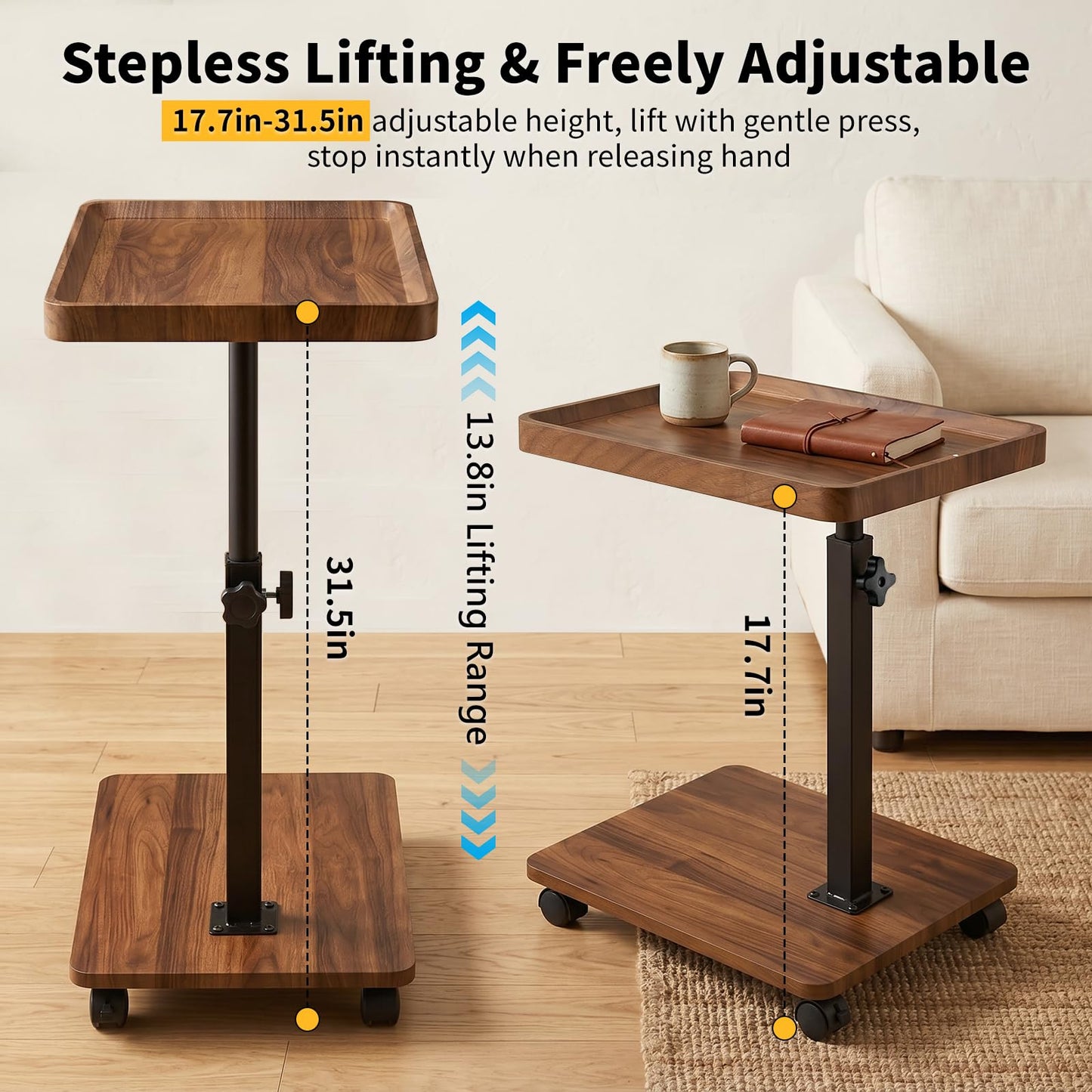 RIHEGIANT C Shaped End Table with Wheels, Adjustable Height & 360° Swivel TV Tray | Small Side Table for Living Room, Couch, Sofa, Bedside | C-Shaped Side Table