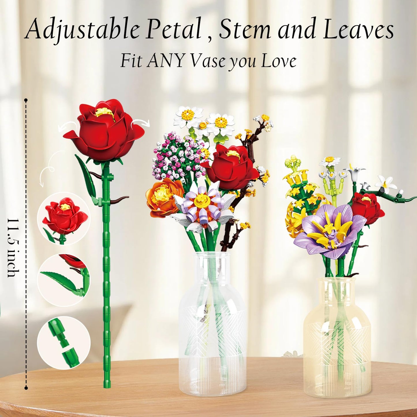 2 in 1 Vase Flowers Bouquet Building Set, Artificial Flowers Bouquet Sets for Adults & Women, Comptatible with Lego Flower Bouquets Botanicals Collection, 1458 PCS
