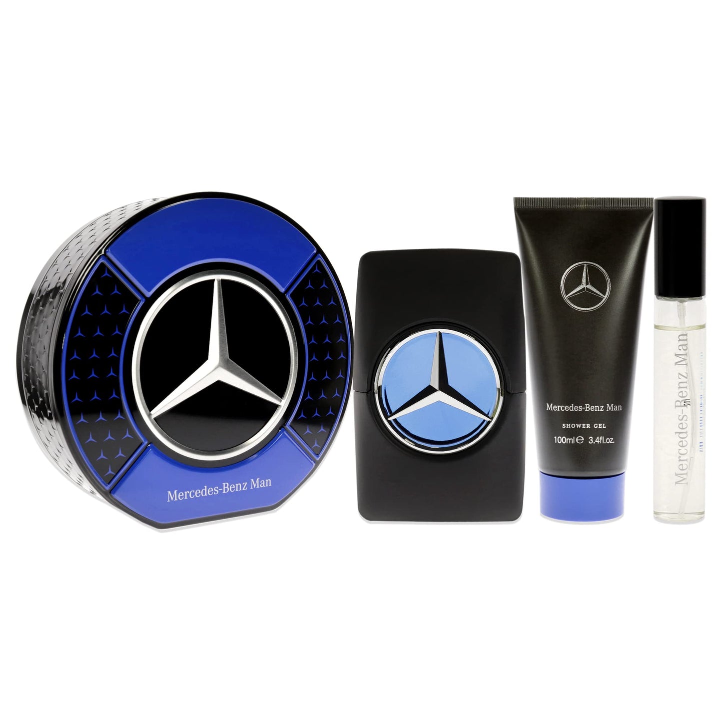 Man Gift Set by Mercedes-Benz - Perfumes for Men - Contains 0.5 oz and 3.4 oz of EDP Spray and 3.4 oz of Shower Gel - Aromatic Woody Fruity Scents - Opens with Notes of Ambrette Seeds and Pear - 3 pc