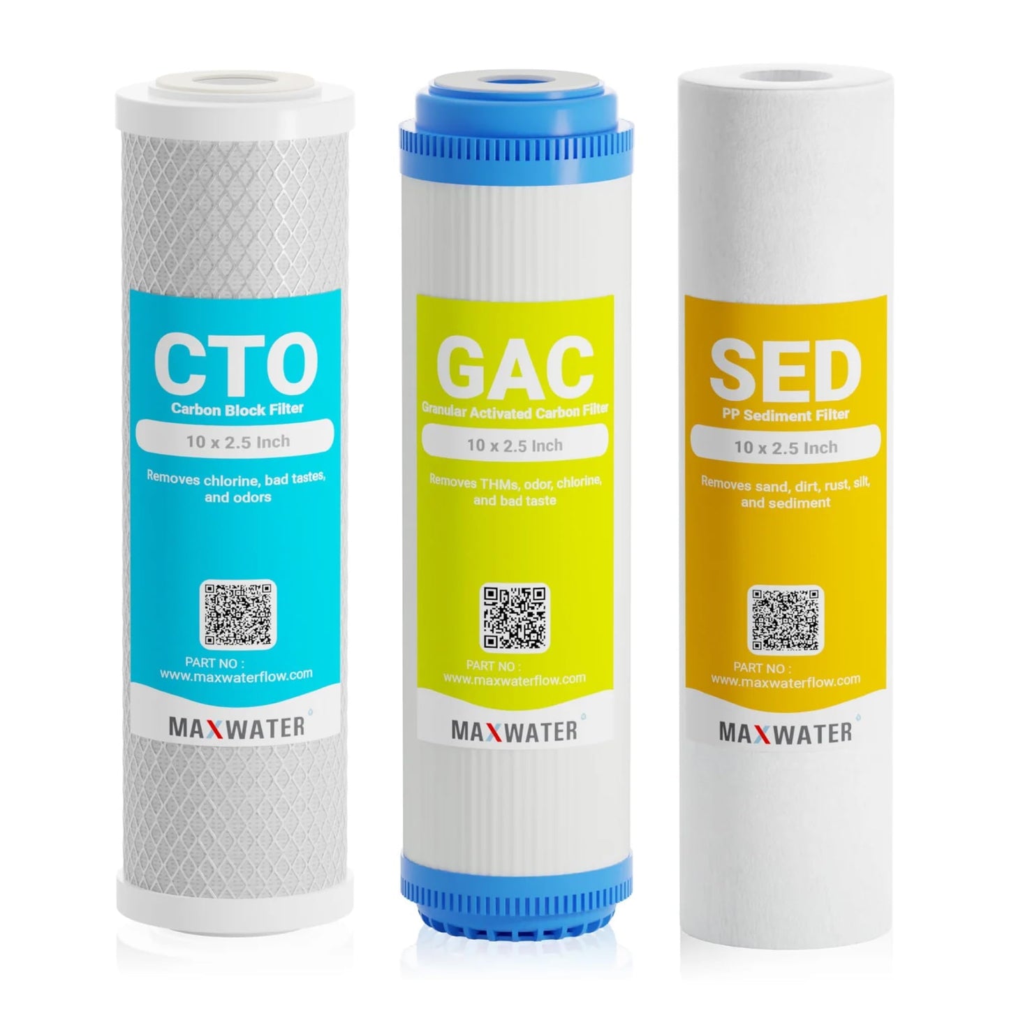 Max Water 10" Standard Whole House Replacement Water Filters Set - Coconut Shell Carbon, Polypropylene Sediment, and GAC Carbon Filters Variation for Standard Reverse Osmosis RO Systems (3 Pack)