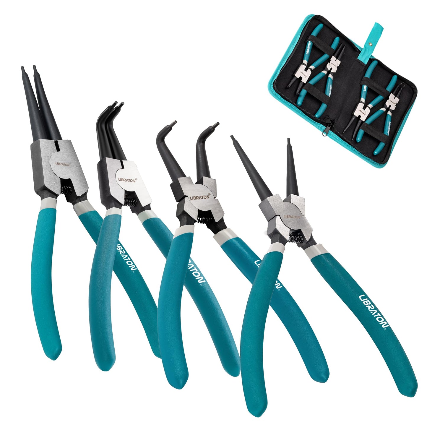 LIBRATON Snap Ring Pliers Set, 7-Inch Heavy Duty Internal/External Circlip Pliers Kit with Straight & Bent Jaw Tips, Spring-Loaded for Retaining Rings, Hoses, Gaskets, with Storage Case