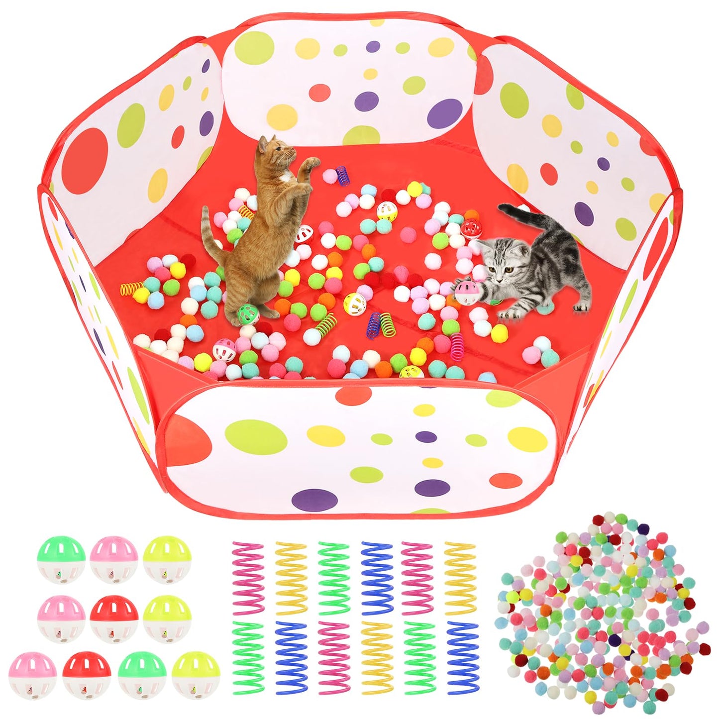 Cat Ball Pit Include 200 Pom Pom Balls 10 Jingle Balls and 12 PCS Cat Spring Toy for Indoor Bored Self Play Enrichment Toy for Indoor Cats Interactive Fun and Exercise