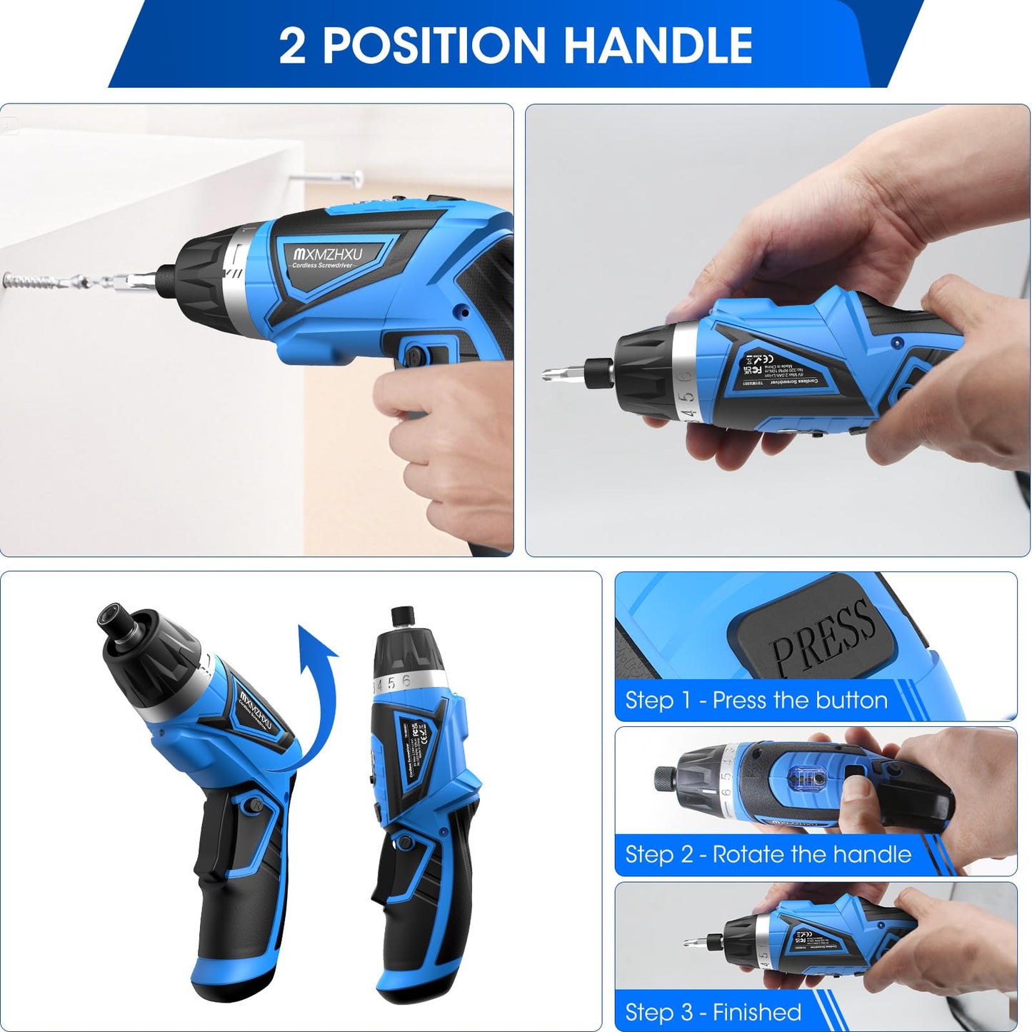 8V Cordless Electric Screwdriver,6+1 Torque Settings 10N·m 180°Adjustable Electric Screwdriver Set 50 Pcs Drill Rechargeable Battery,2Position Handle,Flexible Shaft,LED Light,for Home and Office.Blue