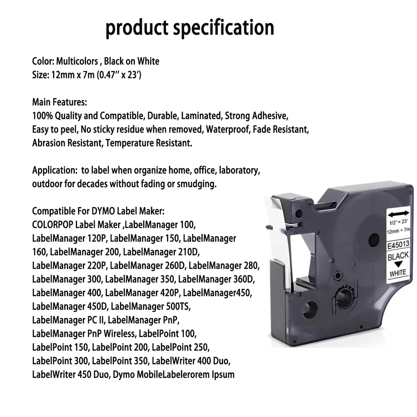 10 Pack Tape Label Replacements Compatible for Dymo D1 45013 S0720530 45013s, 12mm x 7m Black on White Label Maker Refills for LabelManager 160 210D 280 360D 260P 420P PnP 450D