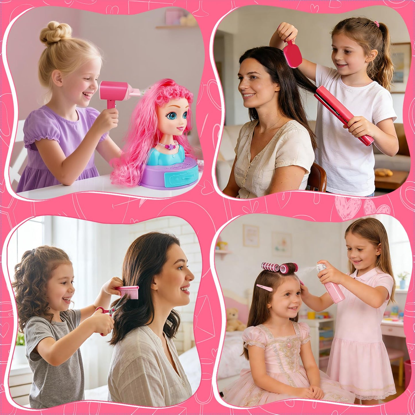 Play Hair Salon Set for Little Girls - Beauty Hair Salon Toys with Realistic Hair Dryer, Curling Iron ，Interactive Lights & Sounds ，Educational Dress-Up Toy Vanities for Kids Ages 3+