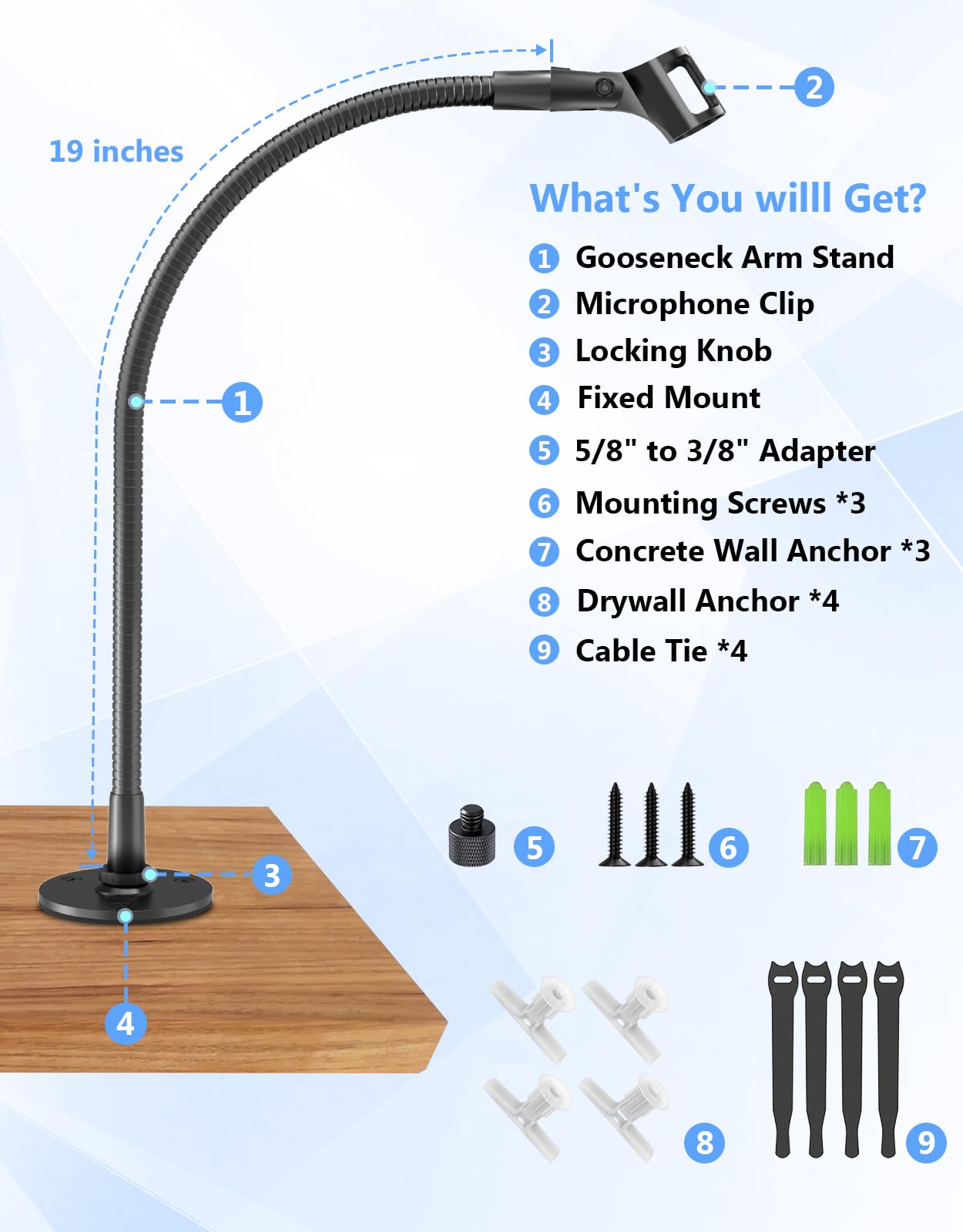 Gooseneck Mic Stand -19" Podium & Wall Microphone Holder, Heavy Duty Adjustable Desk/Wall Mount Compatible with Shure, Fifine, AT2020, Pyle, Blue Snowball, Razer for Podcast/Studio/Streaming Flexible
