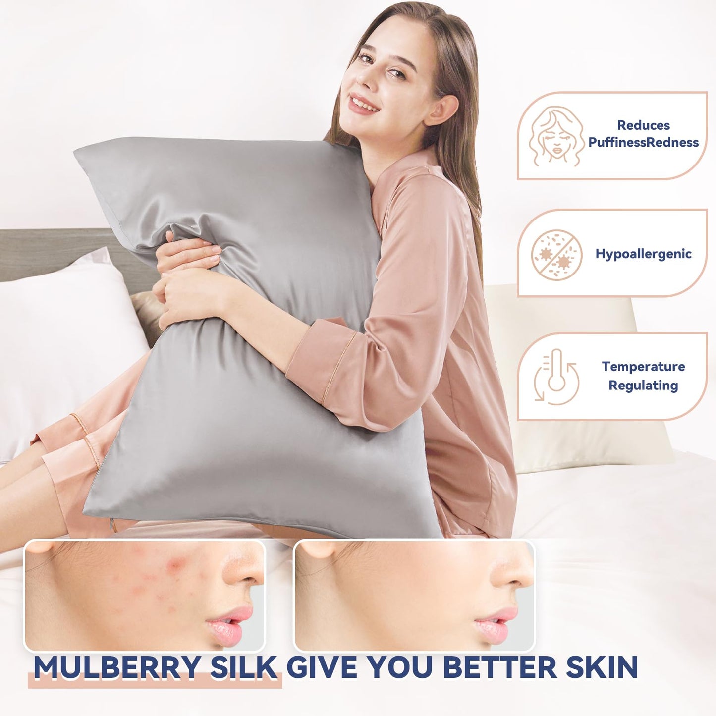 100% Mulberry Silk Pillowcase Pure,21 Momme Both Side Real Silk Pillowcases Hidden Zippered Slip Silk Pillowcase Hypoallergenic Soft Breathable for Hair, Skin and Good Sleep（Grey, Queen: 20"x30"）