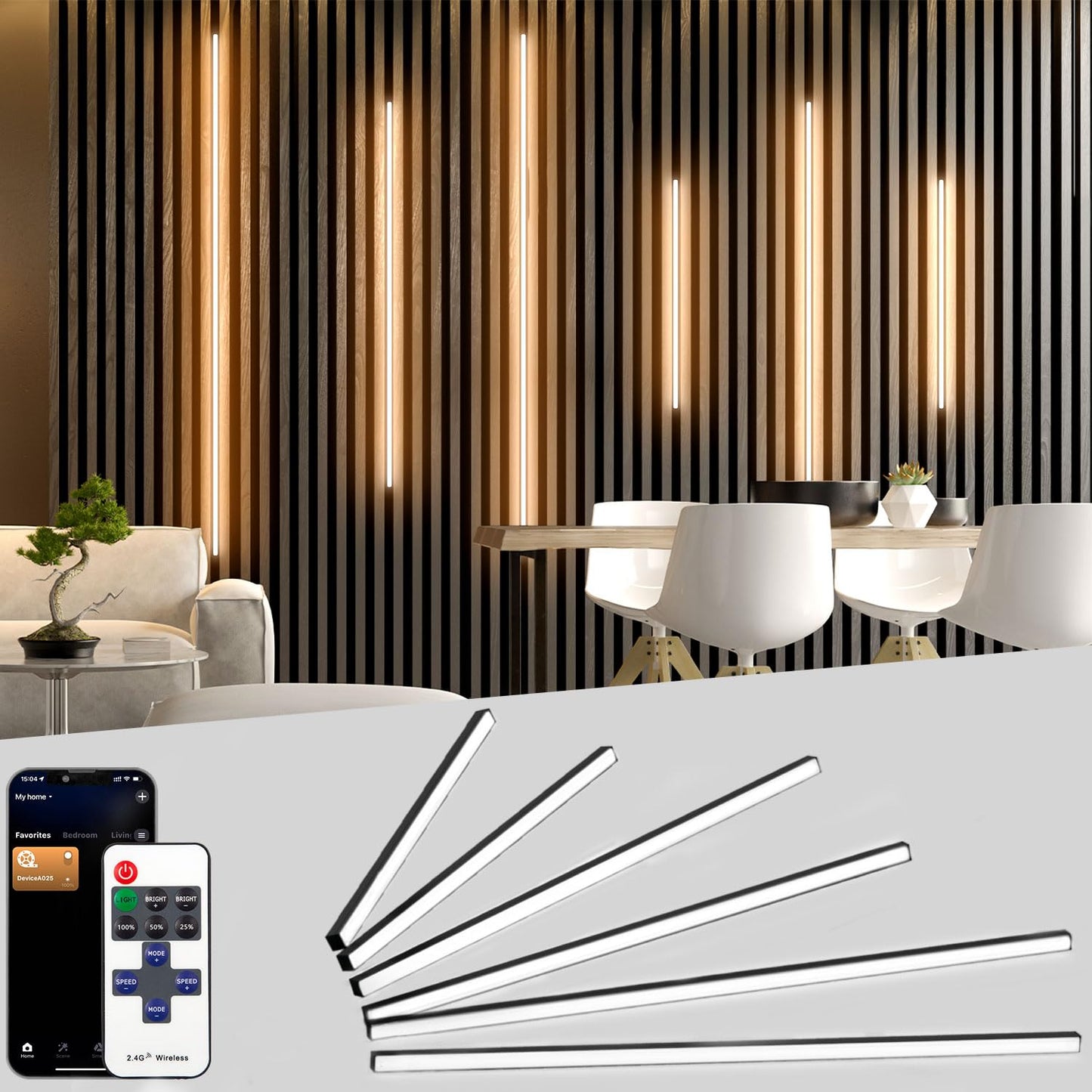 Lichaser Black Smart Recessed Lighting for Acoustic Panel, 6 Pcs Warm White WiFi LED Strip Light for Wood Slat Wall Panel Compatible with Alexa (2 * 16+2 * 24+2 * 36 in)