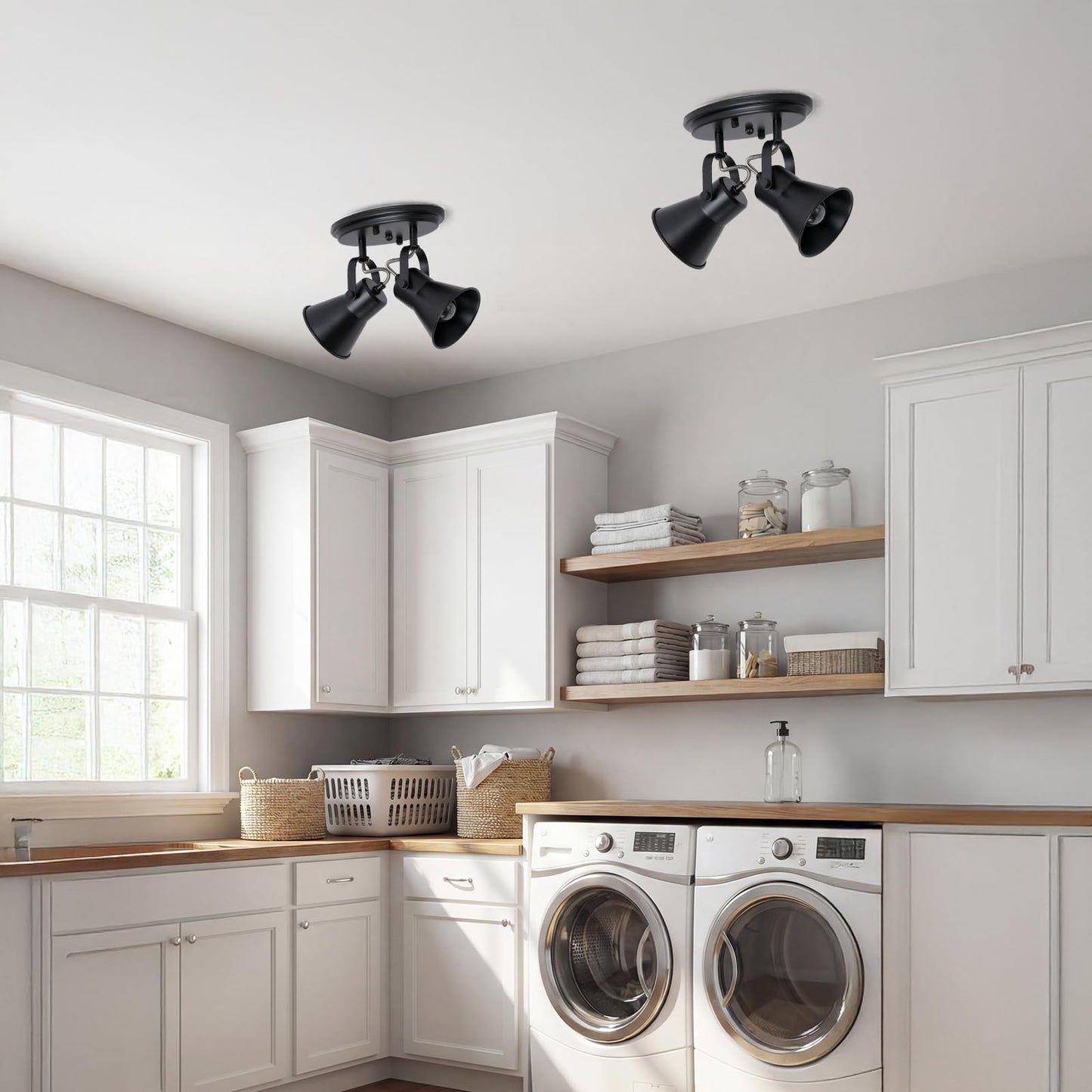 SEEBLEN Black Kitchen Lighting Fixtures Ceiling, 2-Light Adjustable Track Light, Flush Mount Directional Ceiling Light for Hallway, Dining Room, Bathroom