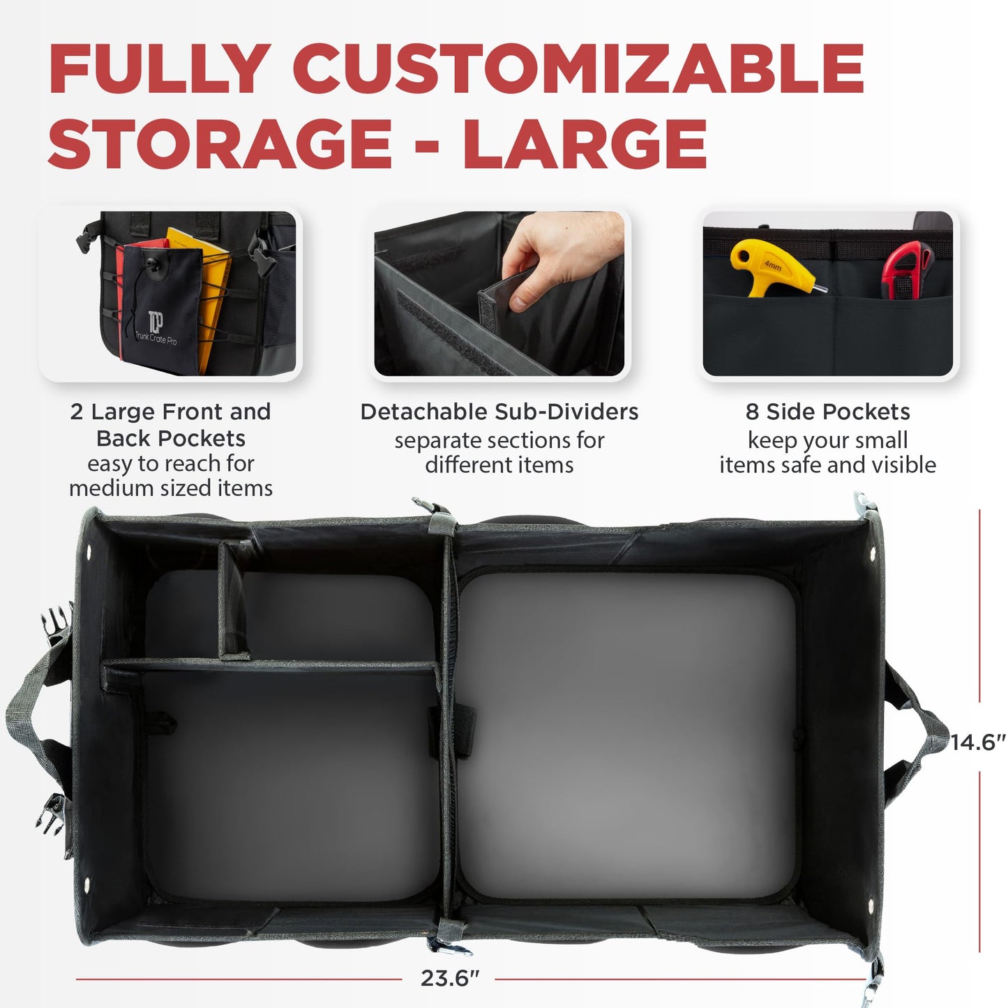 Trunk Organizer for SUV - Car Accessories, Back Seat Car Organizer, Trunk Car Organizer - Car Essentials | Premium Adjustable Multi 4 Compartments Design - Gift for Men and Women (Large, Black)