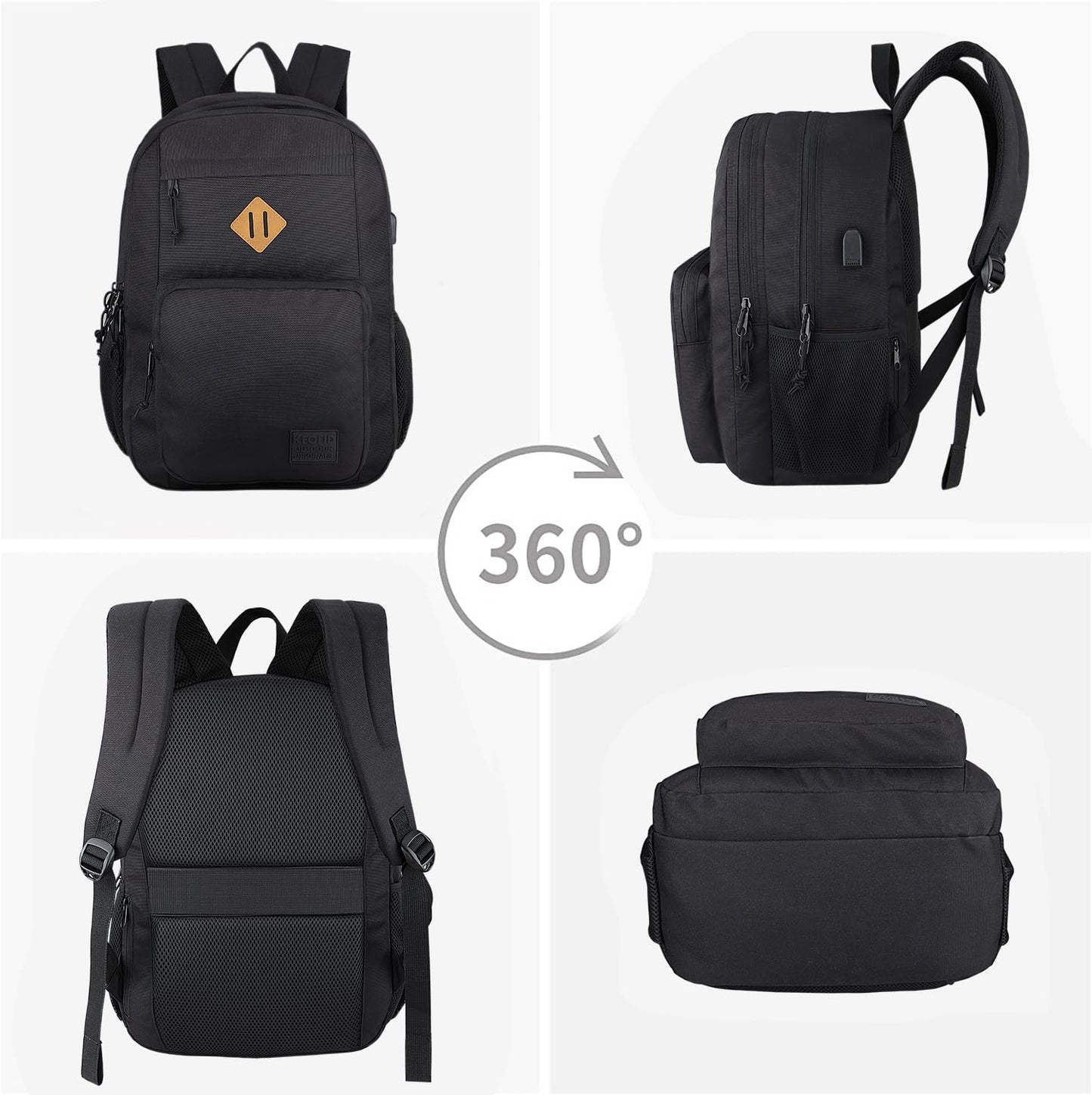 KEOFID classic carry-on travel backpack for men and women, Anti theft laptop backpack with USB charging port, large backpack for college(dark black）