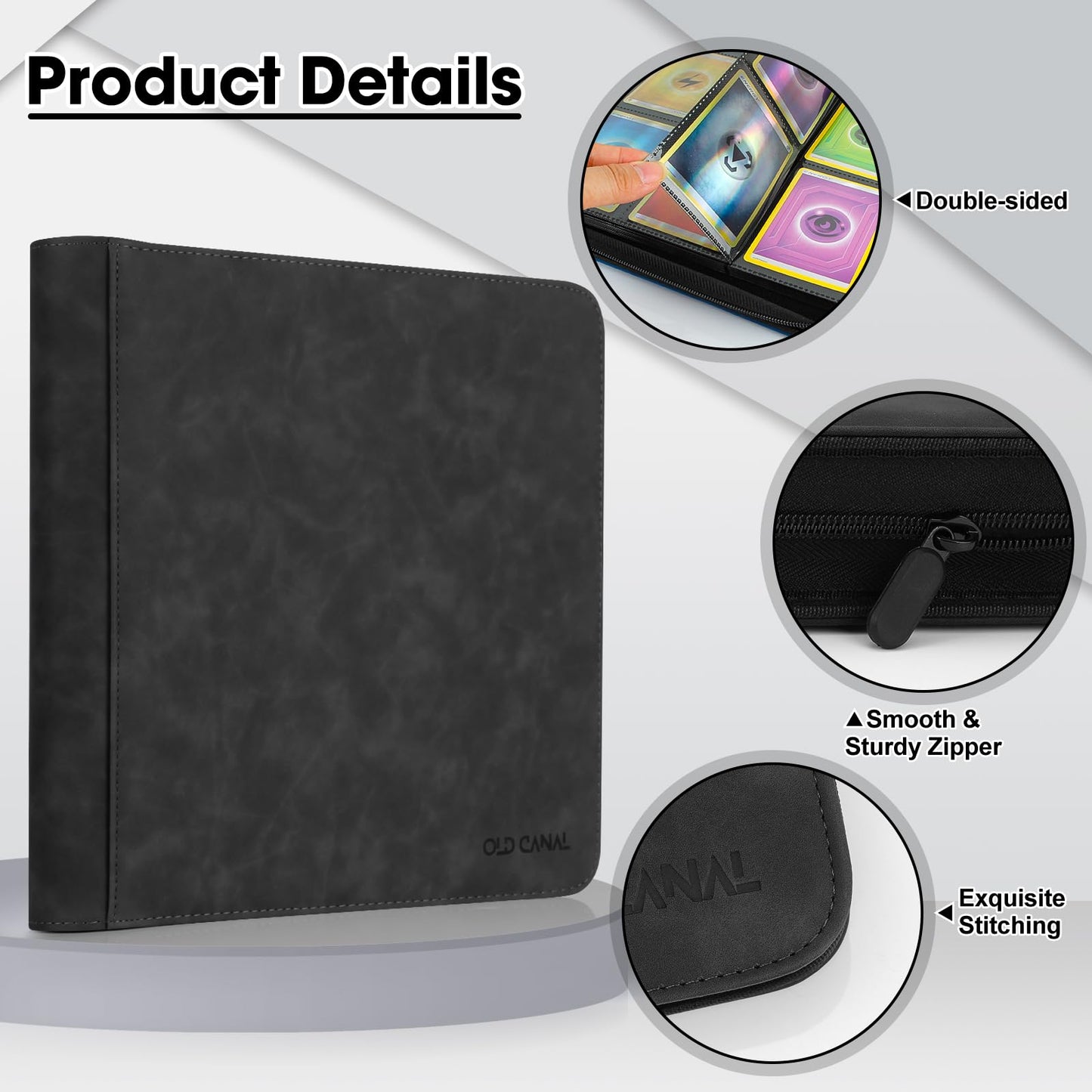 Old Canal Trading Card Binder, 12 Pocket Card Album Folder Hold Up to 720 Cards, Premium and Durable Zipper Binder, Cards Holder Album for MTG, TCG, Baseball Cards (Black)