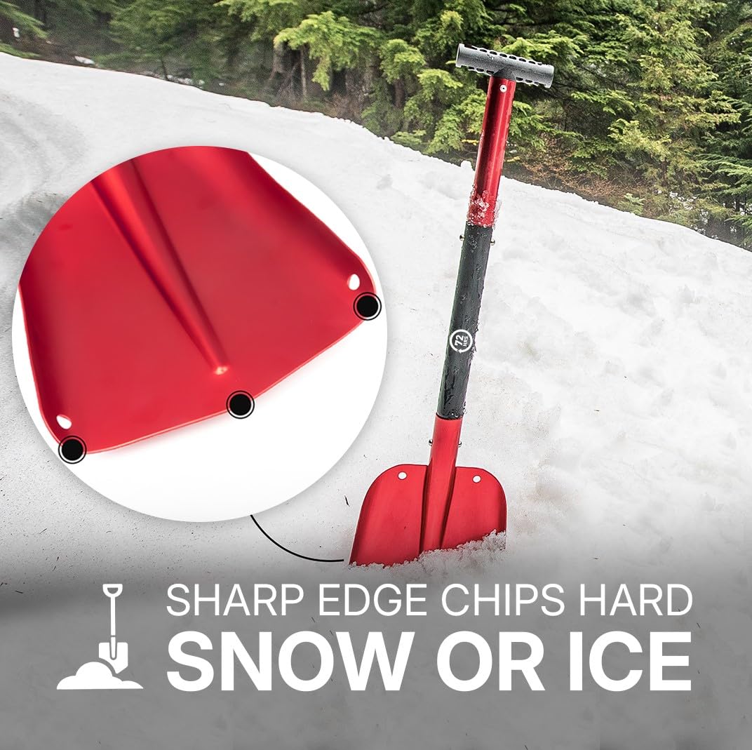 72HRS Collapsible 3-in-1 Aluminum Compact Snow Shovel - Snow Removal in Winter, Emergency Kit for Vehicle, Car, Van, SUV, Truck, Snowmobile, Snowboard Gear, Camping, Gardening (Red, 21”-32”)