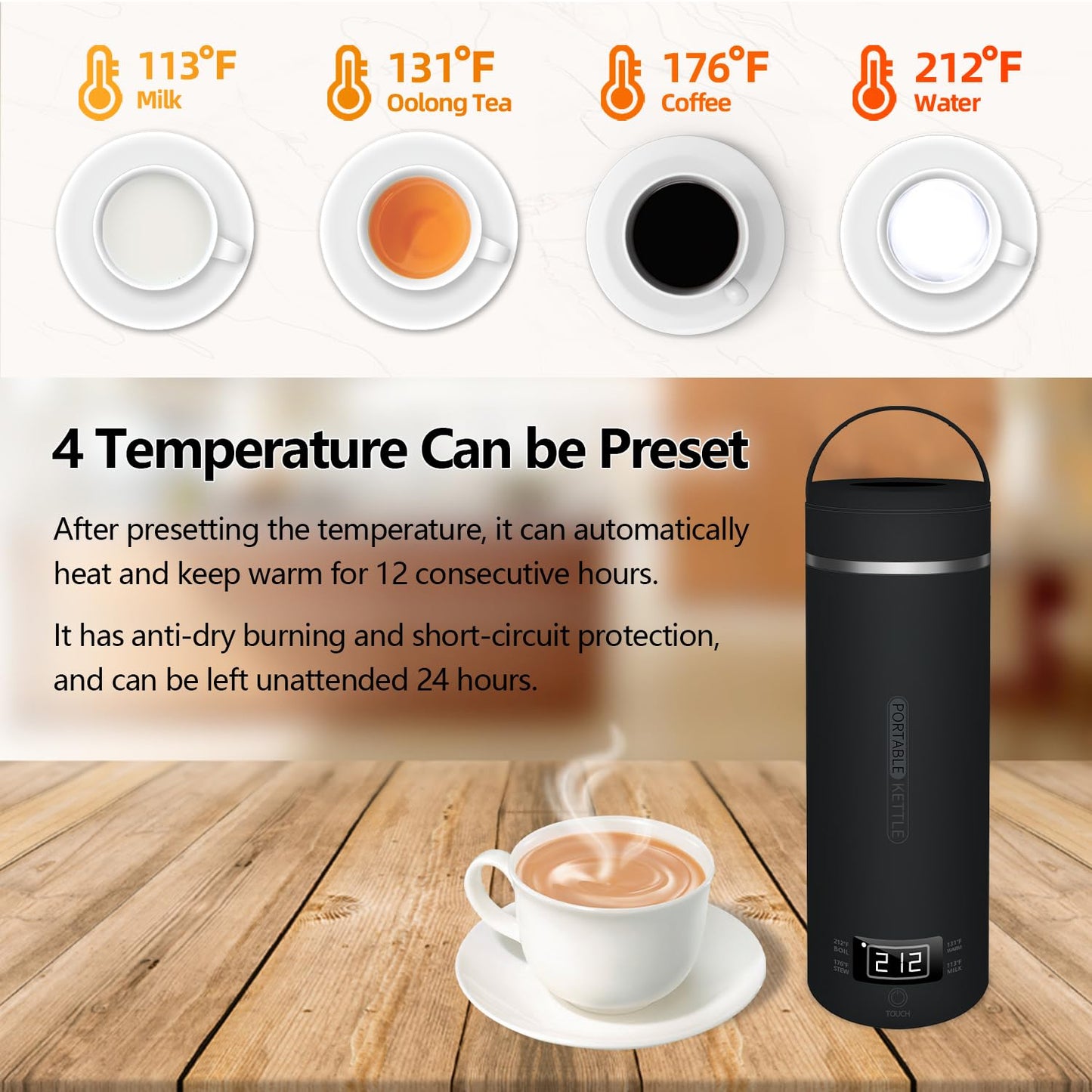 Travel Kettle Portable Electric Tea Coffee Kettle for Hotel,400ml Personal Hot Water Boiler 304 Stainless Steel, Leak-proof, with Cup Brush (Black)