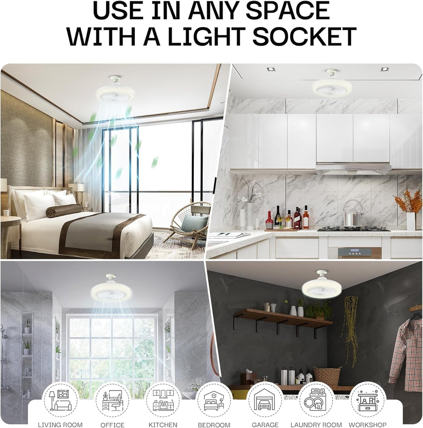 Bell+Howell Socket Air Socket Fan Light – Wireless Ceiling Fan with Lights and Remote, Ventilateur Plafond Avec Lumiere, Ceiling Fans with RGB Lights, 3 Fan Speeds & 3 Brightness Levels As Seen on TV