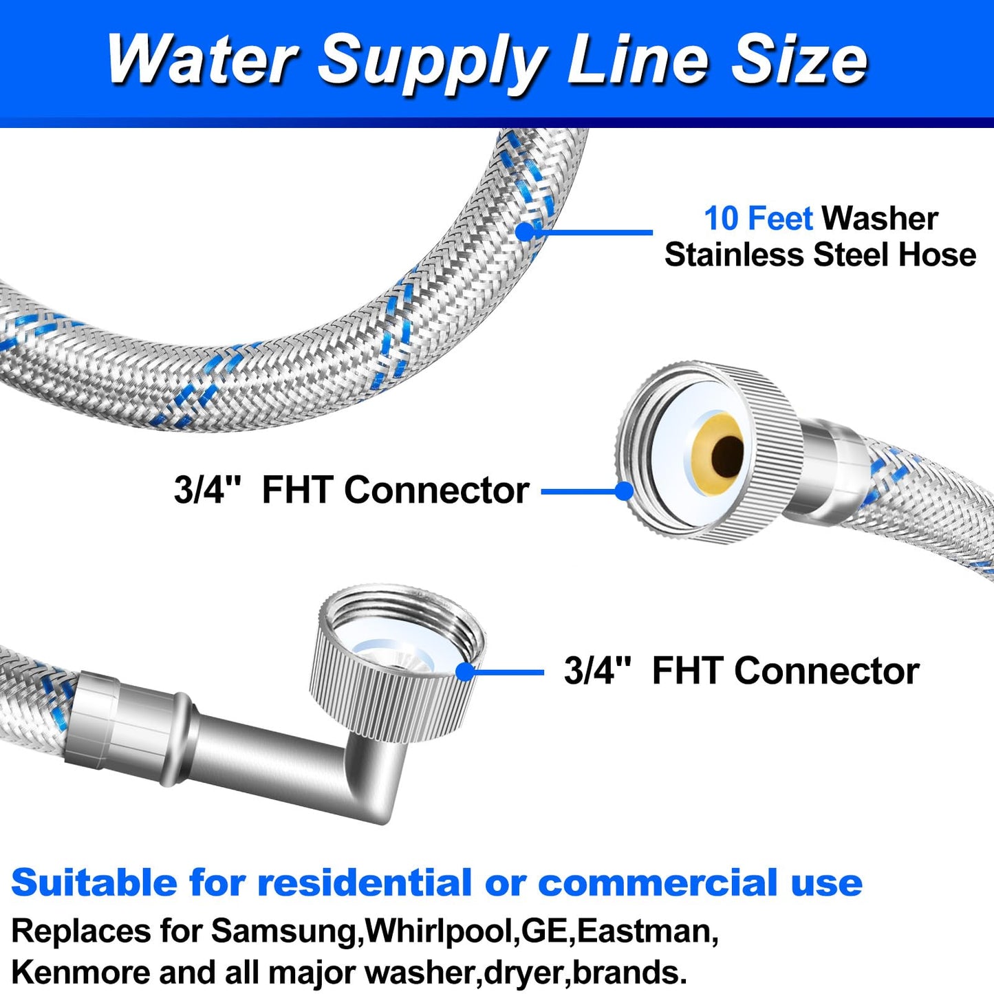 SPUREST Washing Machine Hoses (10 FT, 2Pack) - Food grade PEX Inner Tube, Stainless Steel Braided Wire, 90 Degree Elbow, Hot & Cold Water Supply Line