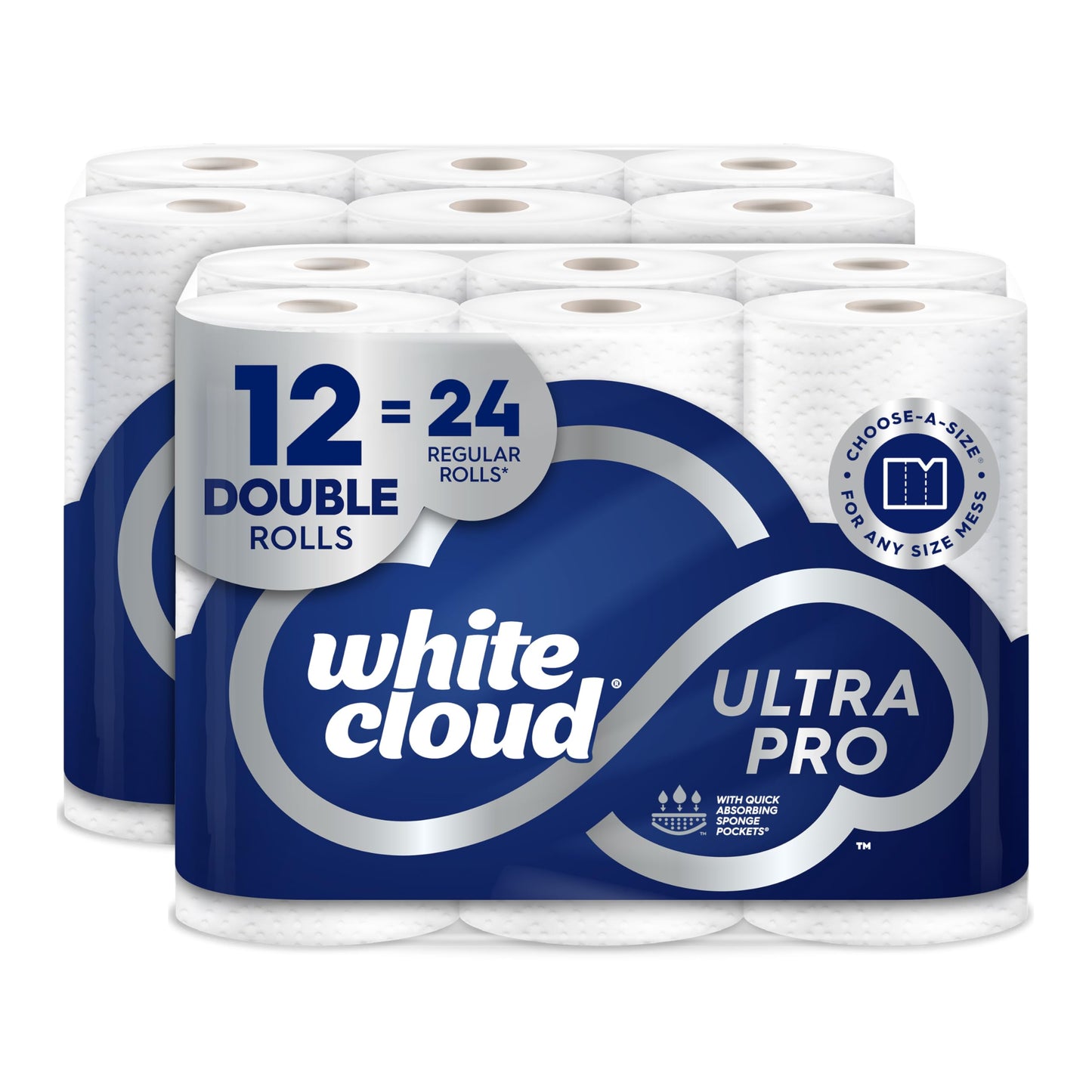 White Cloud Ultra PRO Ultra Absorbent Paper Towel, Choose-a-Size Sheets, 2 Packs of 6 Double Rolls = 24 Regular Rolls