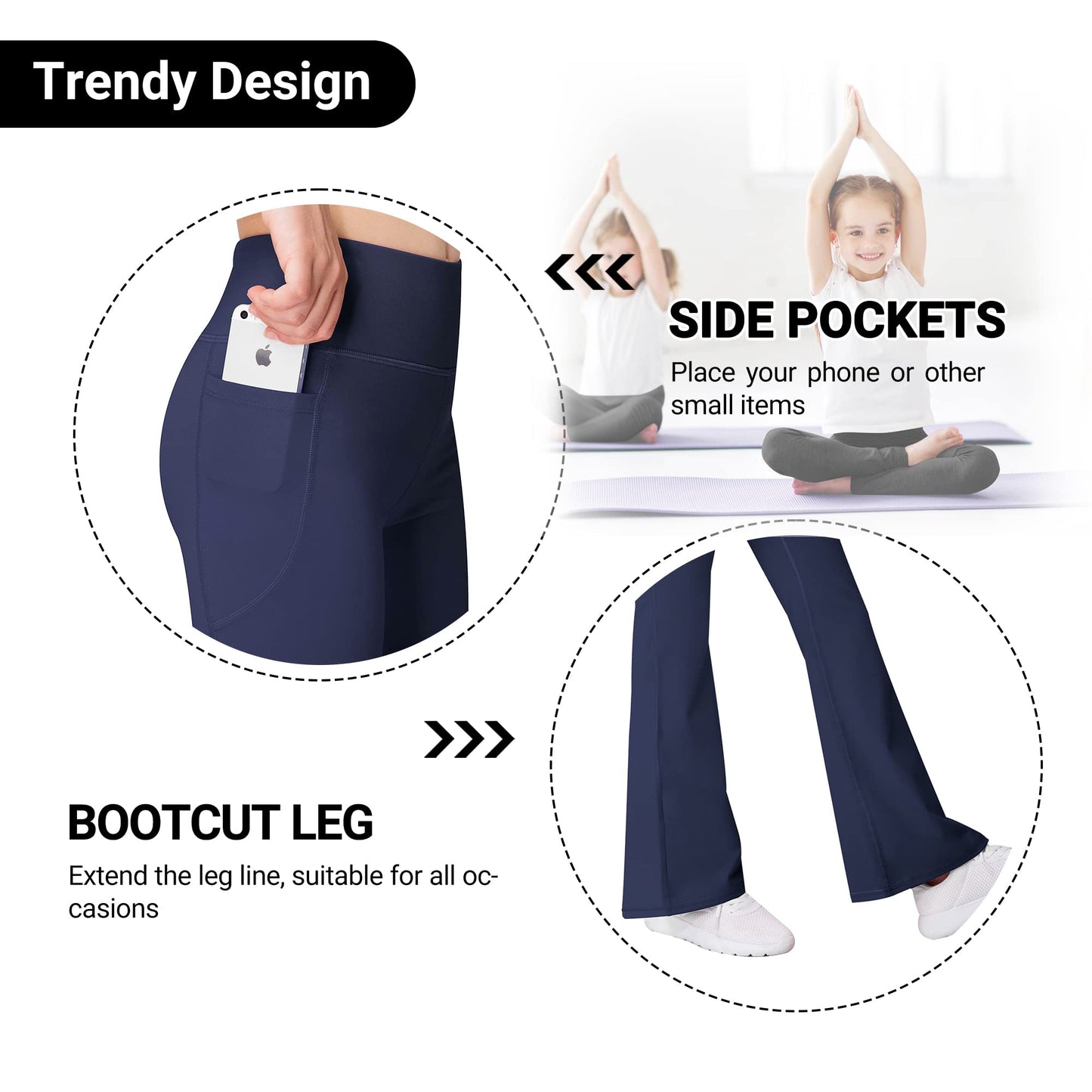 AENLLEY Girl Yoga Flare Wide Leg Tummy Control Stretchy Pants for Causal with Pockets 3 Pack, Black/Grey/Navy, X-Large