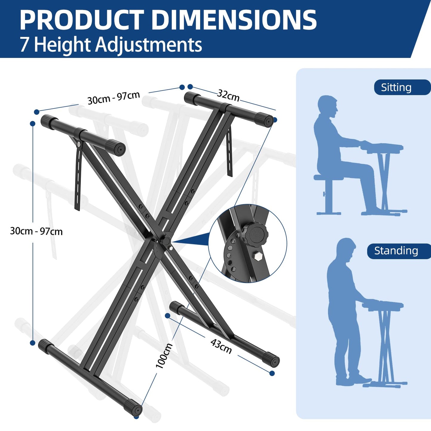 GLEAM Keyboard Stand ELectric Piano Stand - Heavy Duty Double X Style with Locking Straps, Fits 54-88 Key Electric Pianos, DJ mixers, Turntables, Synths and Midi Keyboards. Load Capacity 100LB
