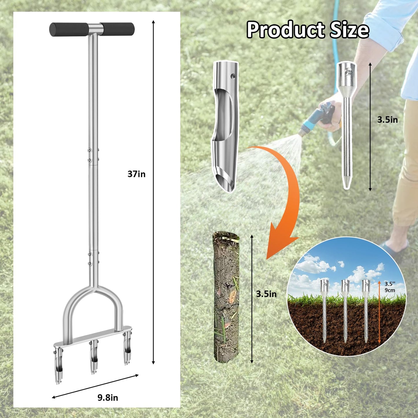 FormiPow 2-in-1 Lawn Aerator with 6 Replaceable Spike & Pipe Tines, 37” Lawn Aerator Tool with Soft Rubber Handle, Gardening Tools for Loosening Soil and Improving Lawn Health