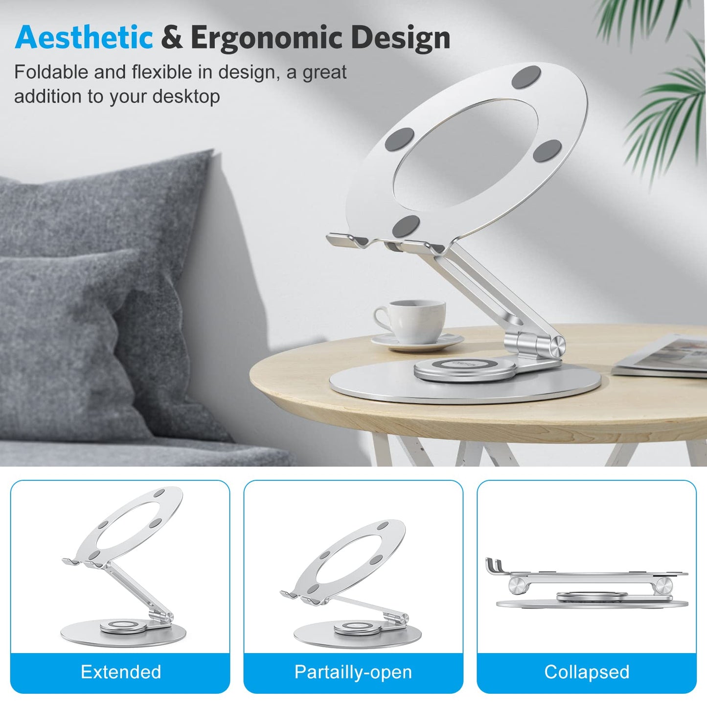 Adjustable Laptop Stand with 360 Rotating Base, OMOTON LA04 Ergonomic Laptop Riser for Collaborative Work, Dual Rotary Shaft Fully Foldable for Easy Storage, Fits MacBook/All Laptops up to 16 inches