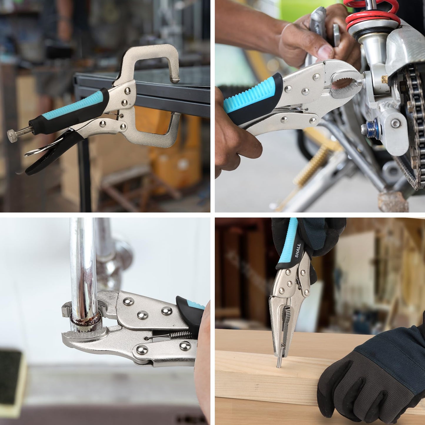 SHALL 6-Piece Locking Pliers, Vice Grips Pliers Set, 5",7" & 10" Curved Jaw, 6-1/2" & 9-1/2 Long Nose Locking Pliers, 6" Locking C-Clamp, Two-Color TPR Handle, Roll Up Pouch Included