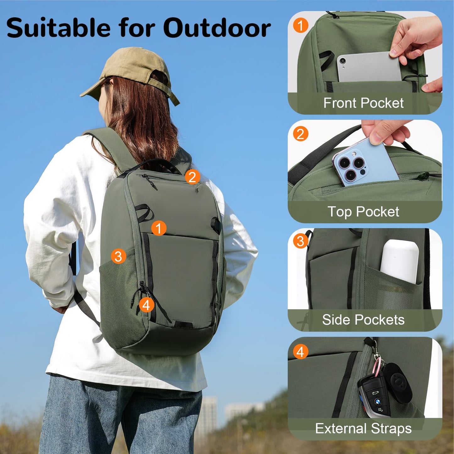 Outplea 17L Small Travel Carry On Backpack with Front Opening for Men Women, Waterproof 15" Laptop Backpack, Green