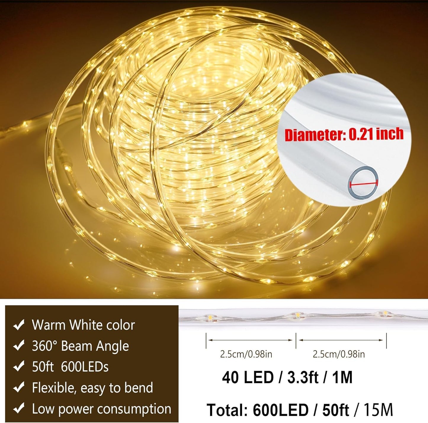 50ft 600 LED Rope Lights Outdoor, 0.21 Inch Diameter, Connectable Warm White Strip Lights Plug in, String Lights Waterproof Decorative Rope Lighting for Deck Patio Backyard Garden Camping Room Indoor