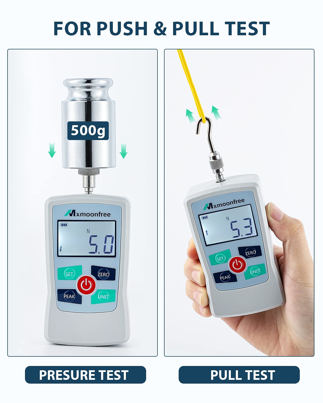 Mxmoonfree 50N Digital Force Gauge Push Pull Gauge Portable Force Meter with Units N/LB/Kg/Oz, Storage Case, Auto Backlit LCD, Auto Power-Off (ZMF-50N)