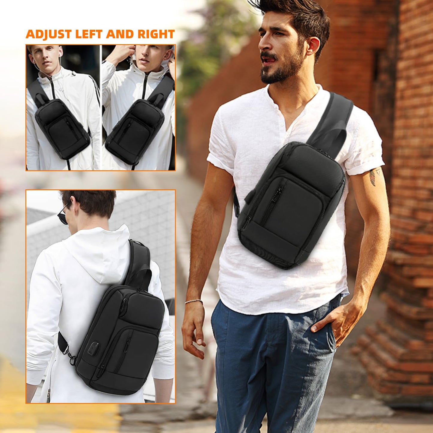 Sling Bag for Men Women, 900D Waterproof Fabric, USB Charging Port, Smart Strap with Card Pocket, Breathable Back Design for Daily Commute Travel Weekend Dates