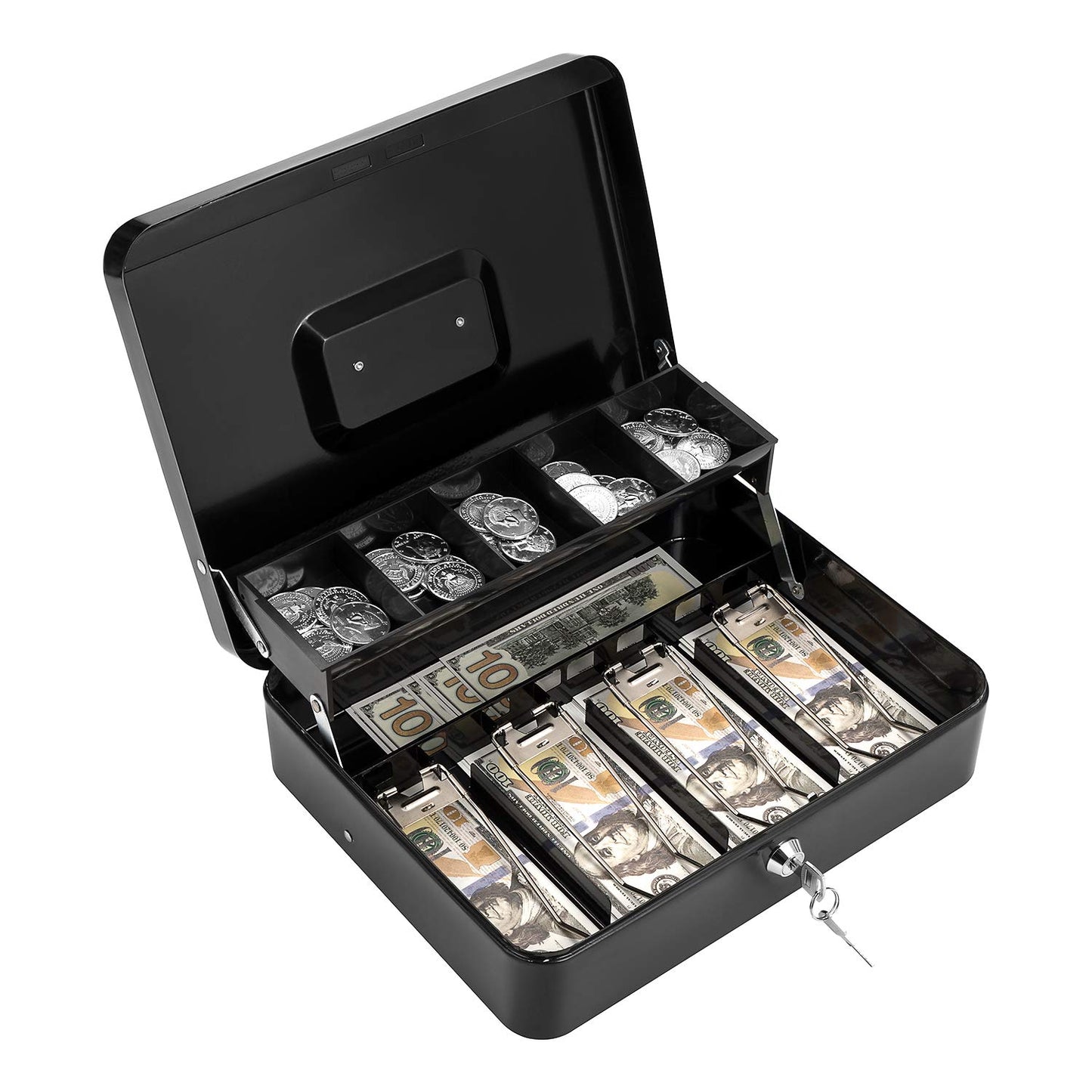 Cash Box with Lock and Money Tray Metal Money Box for Cash Register Large Cash Safe Box Tiered 11.8 x 9.4 x 3.54 Inches Black