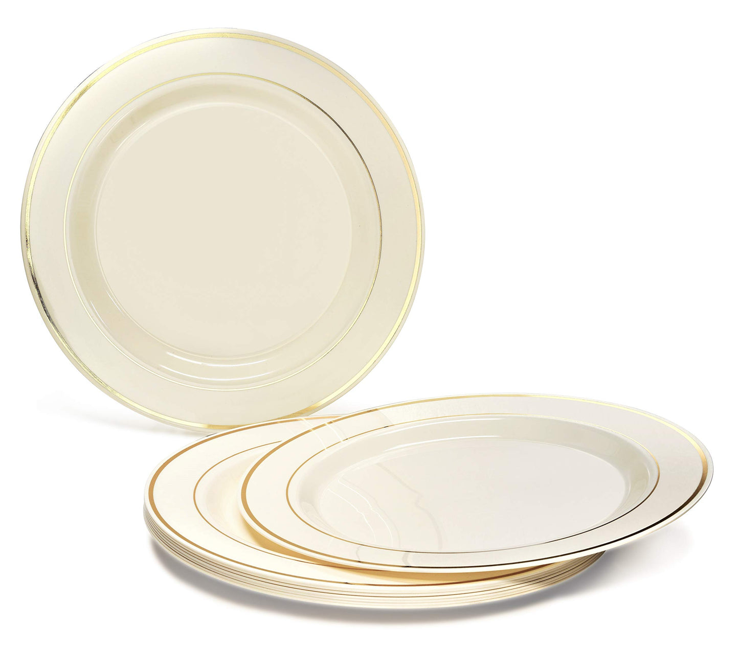 Occasions 50 Plates Pack, Heavyweight Premium Disposable Plastic Plates Set (25 x 10.5'' Dinner + 25 x 6.25'' Cake Plates) Ivory & Gold Rim