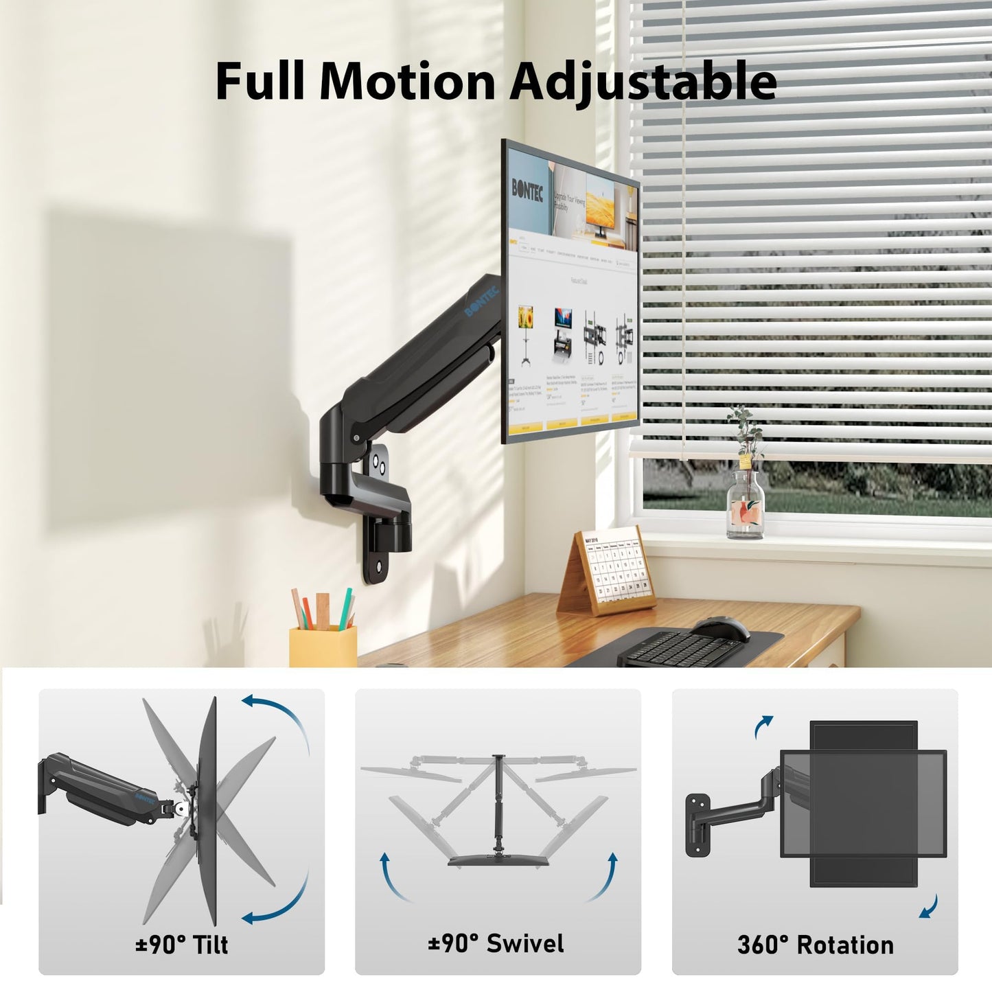 BONTEC Monitor Wall Mount for 13-42 Inch Screens Up to 19.8lbs, Single VESA Mount with Gas Spring Adjustable Tilt Swivel Rotation Arm, Full Motion Wall Bracket with Cable Management Fits 75/100/200